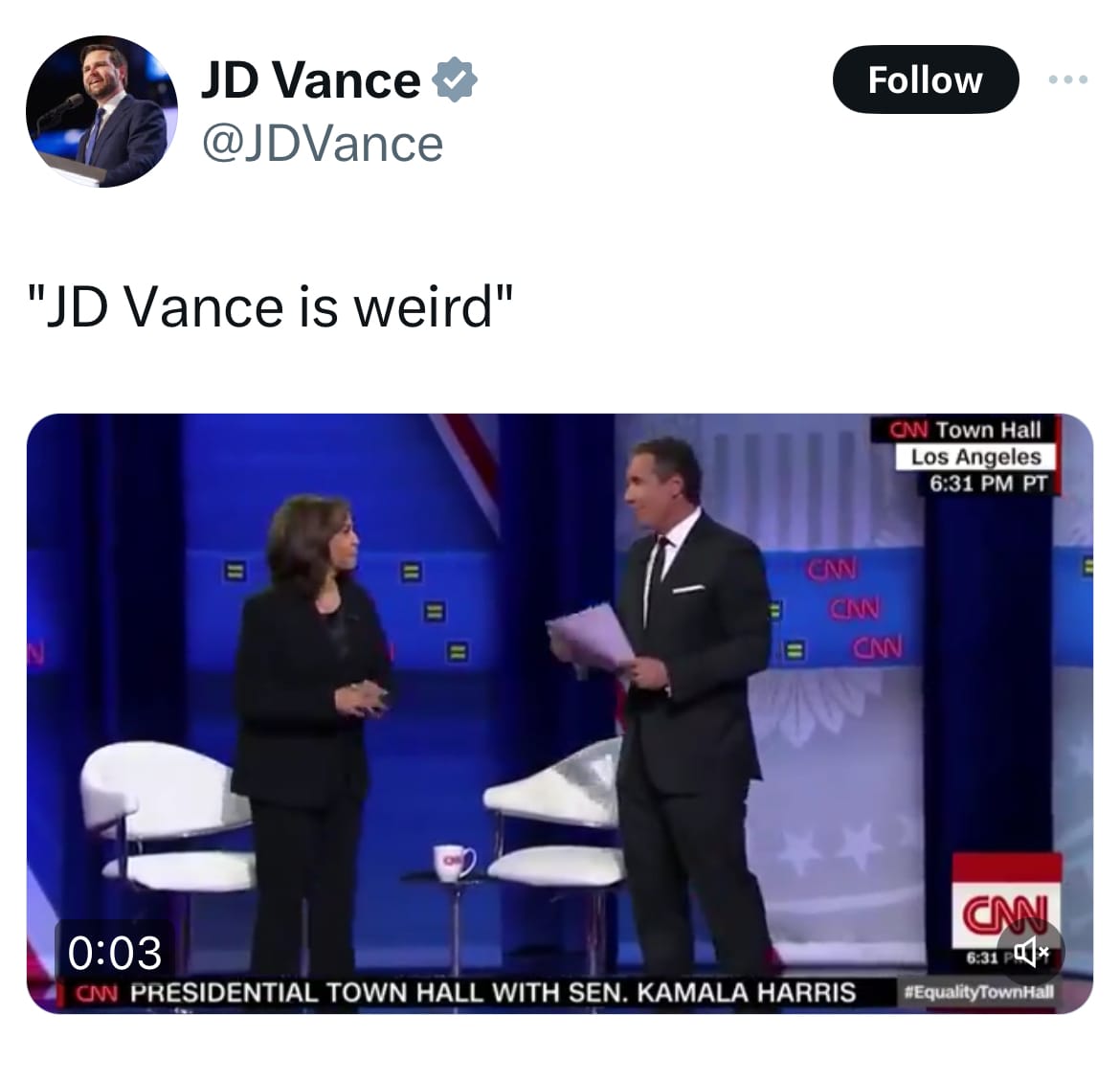 A tweet from JD Vance saying “JD Vance is weird.”