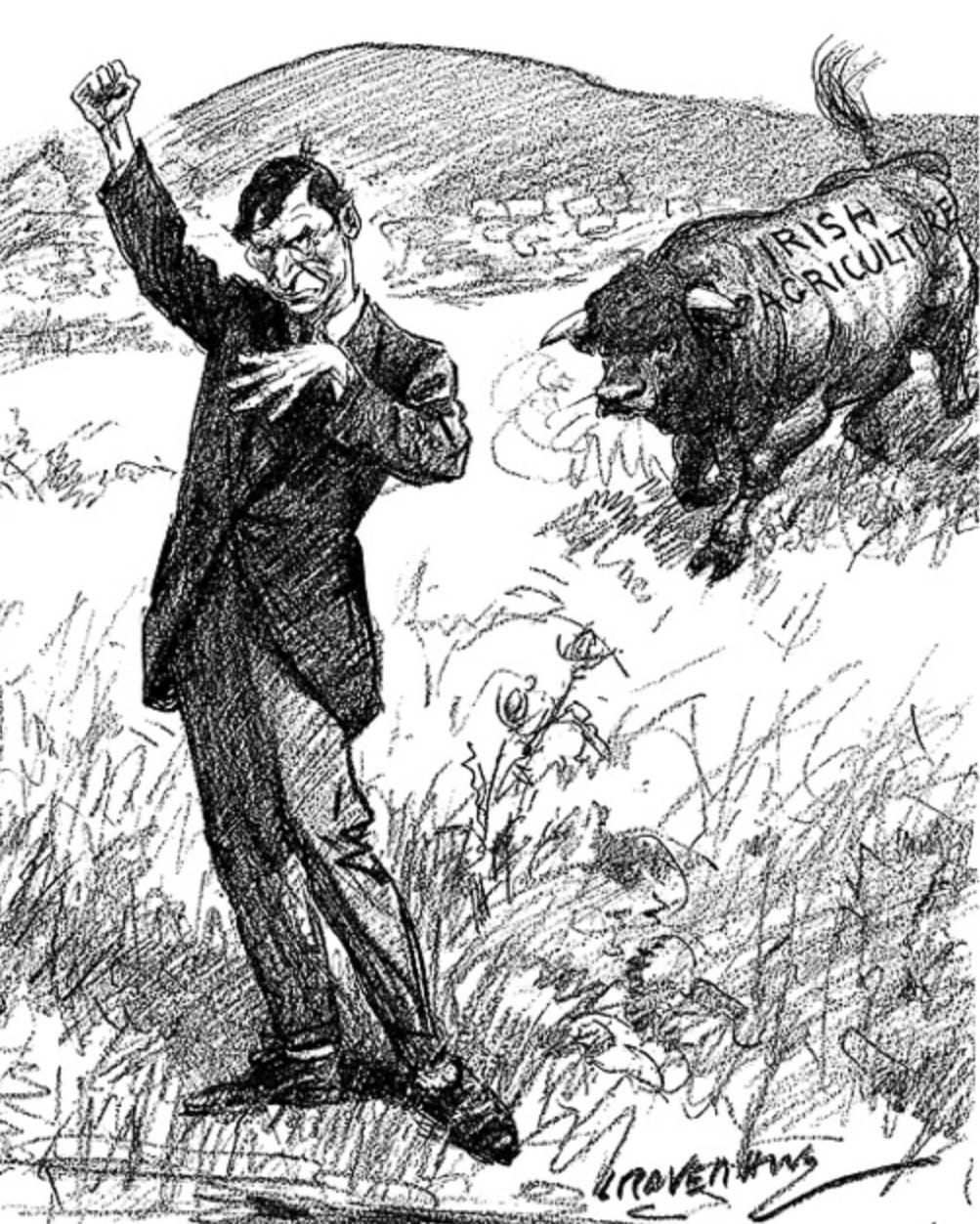 Cartoon: DeValera stands in a field With a bill charging at him labelled Irish Agriculture.