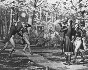 Burr shooting Hamilton in a duel. 19th C print, Library of Congress