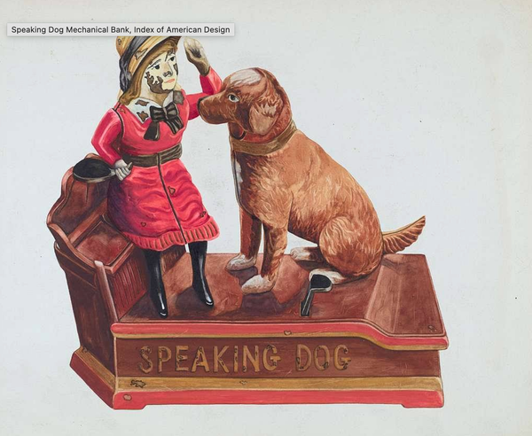 Public Domain painting of a speaking dog toy, labelled speaking dog. 